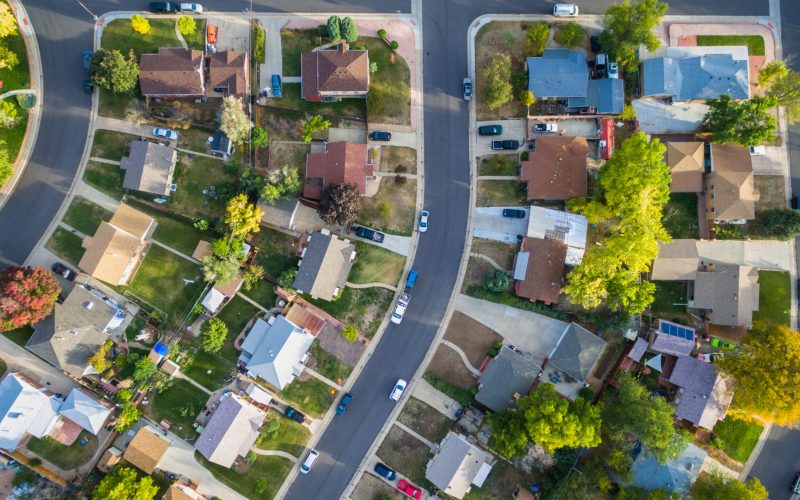 Aerial view of residential neighborhood in the Autumn.